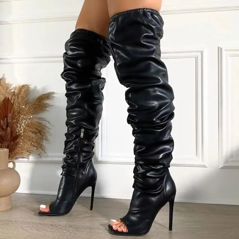 Pleated Square Peep Toe Boots Side Zip Thin High Heel Over Knee High Boots