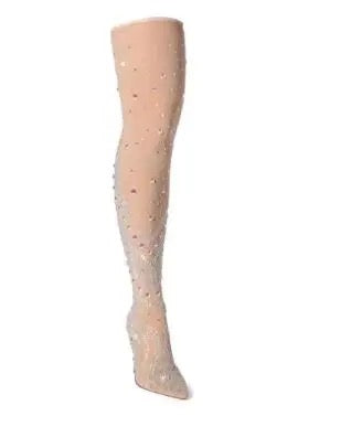 Nude Mesh Bling Crystal Rhinestone Pointed Toe Thin High Heel Slim Over The Knee Thigh Long Socks Boots