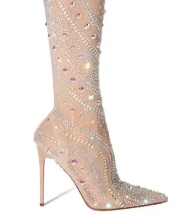 Nude Mesh Bling Crystal Rhinestone Pointed Toe Thin High Heel Slim Over The Knee Thigh Long Socks Boots