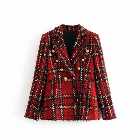 Red Plaid Blazer Tweed Slim Blazer Tassel Top Set Suit Jacket