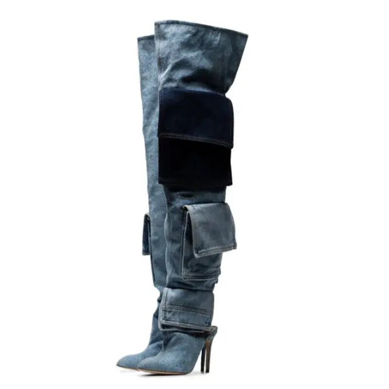 Blue Jeans Denim Pointed Toe Pocket Over The Knee High Heel Loose Thigh Long Boots