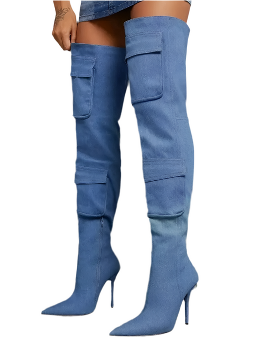 Pointed toe stiletto denim over-the-knee with pockets and side zippers all-match boots