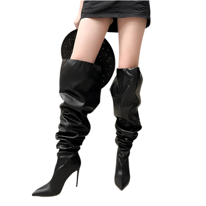 Over-the-knee Pointed Toe Black Thin High Heels Shiny Pleated Boots