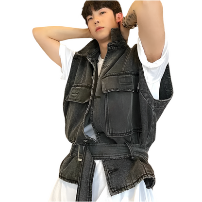 Sleeveless Cargo Casual Denim Vest  Waistcoat Loose Jean Gilet Jacket