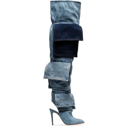 Blue Jeans Denim Pointed Toe Pocket Over The Knee High Heel Loose Thigh Long Boots