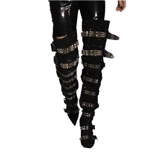 Crystal Thigh High Belt Buckle Rhinestones Over The Knee Pointed Toe Bling Bling Boots