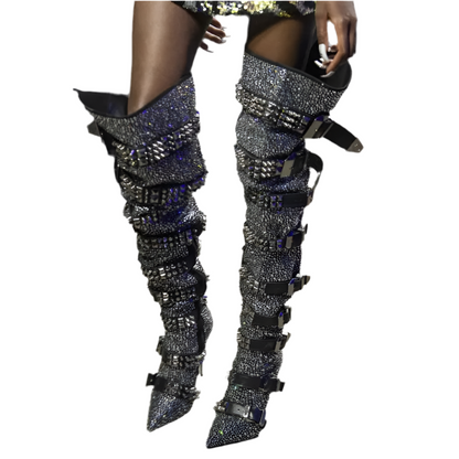 Crystal Thigh High Belt Buckle Rhinestones Over The Knee Pointed Toe Bling Bling Boots