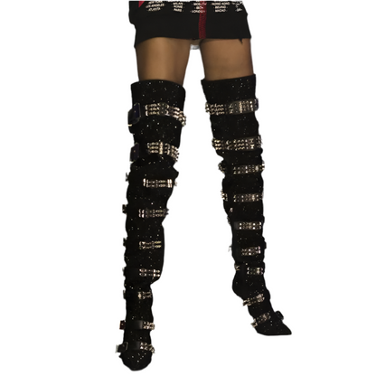 Crystal Thigh High Belt Buckle Rhinestones Over The Knee Pointed Toe Bling Bling Boots