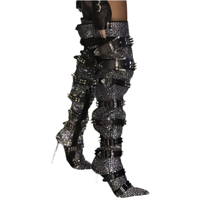 Crystal Thigh High Belt Buckle Rhinestones Over The Knee Pointed Toe Bling Bling Boots