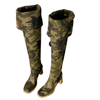 Camouflage Denim Super Long Thick Heel Folding Over-the-Knee Knee-High Boots