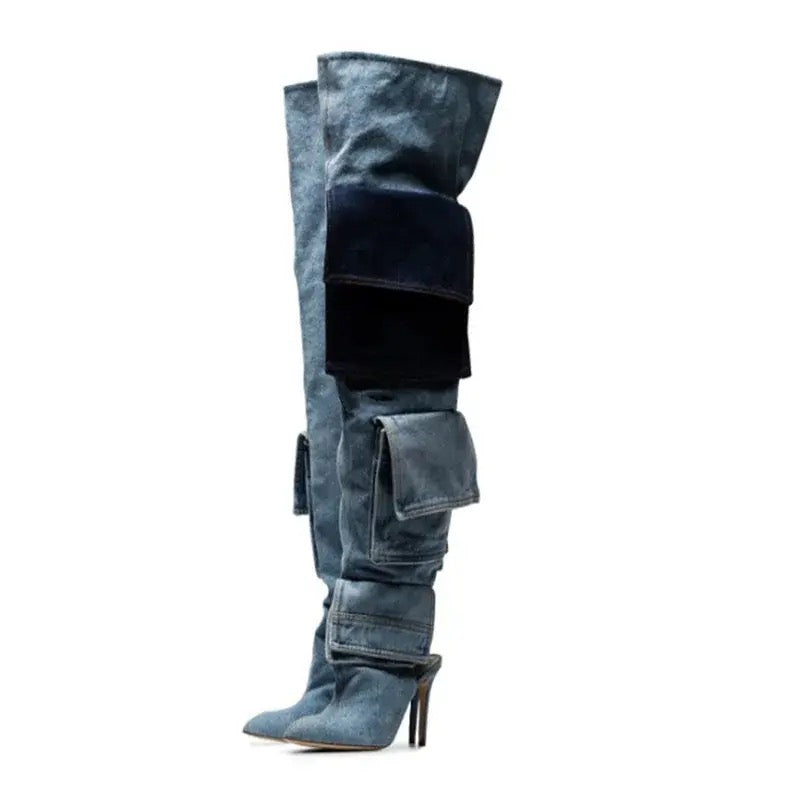 Blue Jeans Denim Pointed Toe Pocket Over The Knee High Heel Loose Thigh Long Boots