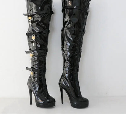 Sorbern Crotch Thigh Multi Straps With 8 Locks High Heel Visible Platform Lockable Zipper Front Custom Legs Boots