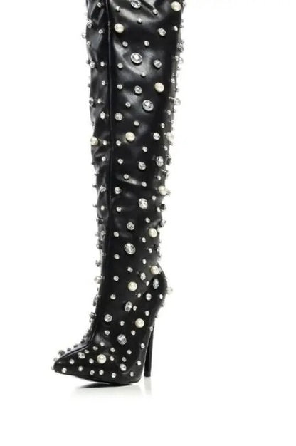 Rhinestone Thigh Pointed Toe Stiletto Pearl Over-the-knee Boots