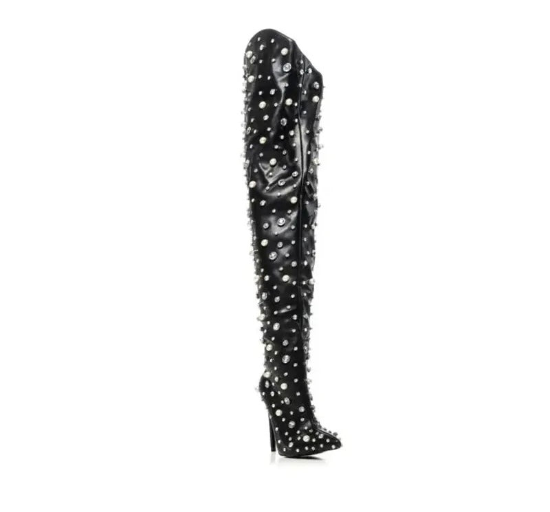 Rhinestone Thigh Pointed Toe Stiletto Pearl Over-the-knee Boots