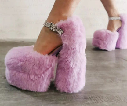 BERZIMER Platform Sandals Fluffy Crystal Block High Heel Pumps