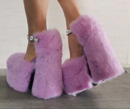 BERZIMER Platform Sandals Fluffy Crystal Block High Heel Pumps