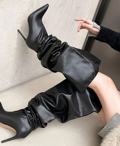 Over-the-knee Pointed Toe Black Thin High Heels Shiny Pleated Boots