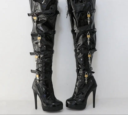 Sorbern Crotch Thigh Multi Straps With 8 Locks High Heel Visible Platform Lockable Zipper Front Custom Legs Boots