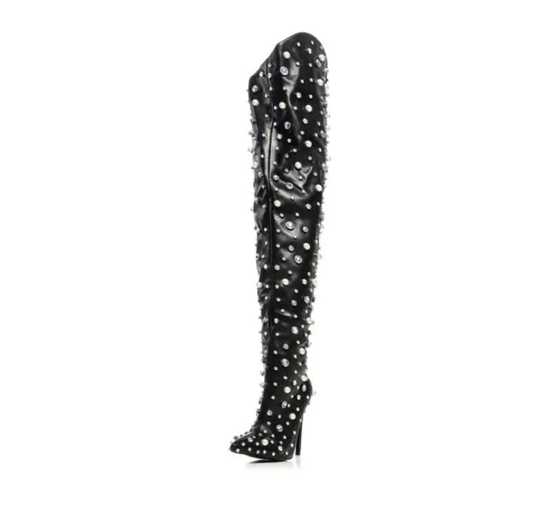 Rhinestone Thigh Pointed Toe Stiletto Pearl Over-the-knee Boots