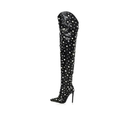 Rhinestone Thigh Pointed Toe Stiletto Pearl Over-the-knee Boots