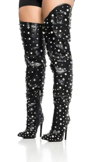 Rhinestone Thigh Pointed Toe Stiletto Pearl Over-the-knee Boots