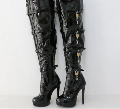 Sorbern Crotch Thigh Multi Straps With 8 Locks High Heel Visible Platform Lockable Zipper Front Custom Legs Boots