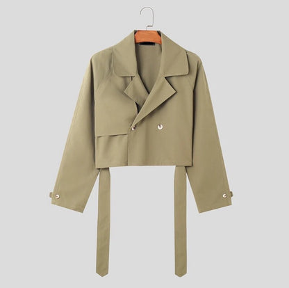 Lapel Long Sleeve Solid Color Crop Coat Loose Casual Jackets With Belt