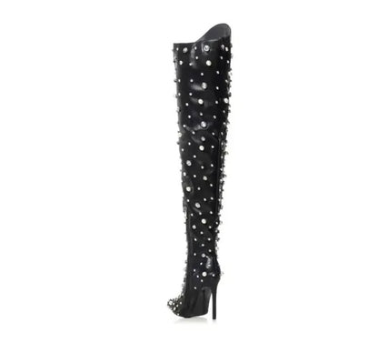 Rhinestone Thigh Pointed Toe Stiletto Pearl Over-the-knee Boots