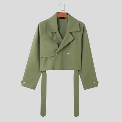 Lapel Long Sleeve Solid Color Crop Coat Loose Casual Jackets With Belt