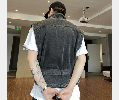 Sleeveless Cargo Casual Denim Vest  Waistcoat Loose Jean Gilet Jacket