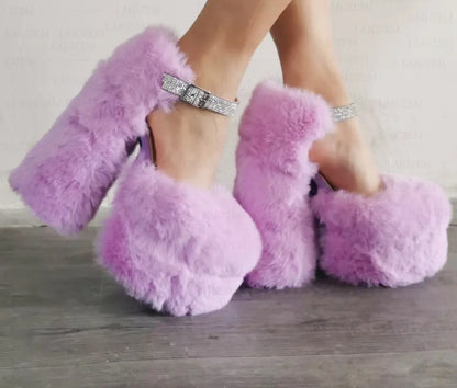 BERZIMER Platform Sandals Fluffy Crystal Block High Heel Pumps