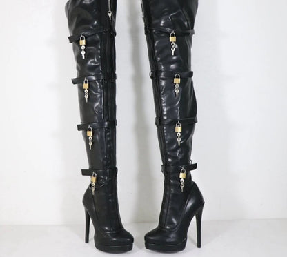 Sorbern Crotch Thigh Multi Straps With 8 Locks High Heel Visible Platform Lockable Zipper Front Custom Legs Boots