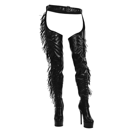 Belted Thigh High Fringe Boots Stiletto Heels