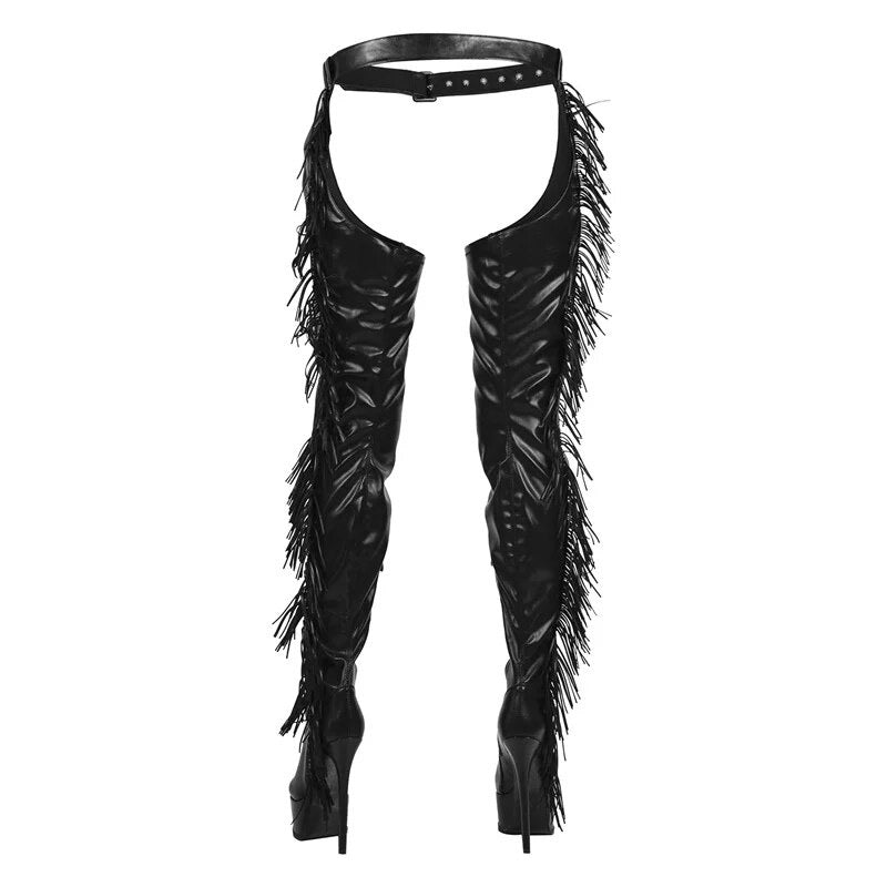 Belted Thigh High Fringe Boots Stiletto Heels