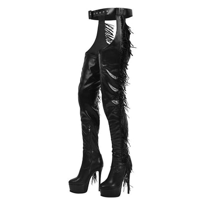 Belted Thigh High Fringe Boots Stiletto Heels