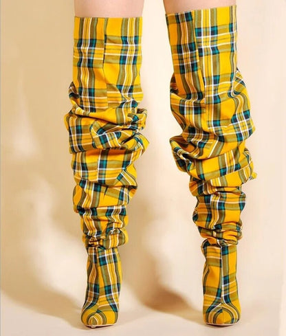 Plaid Pleated Thigh High High Heel Boots