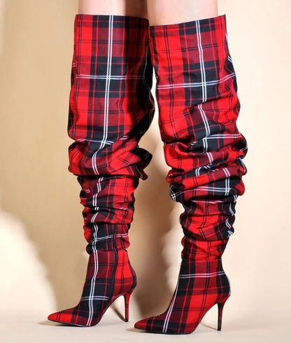 Plaid Pleated Thigh High High Heel Boots