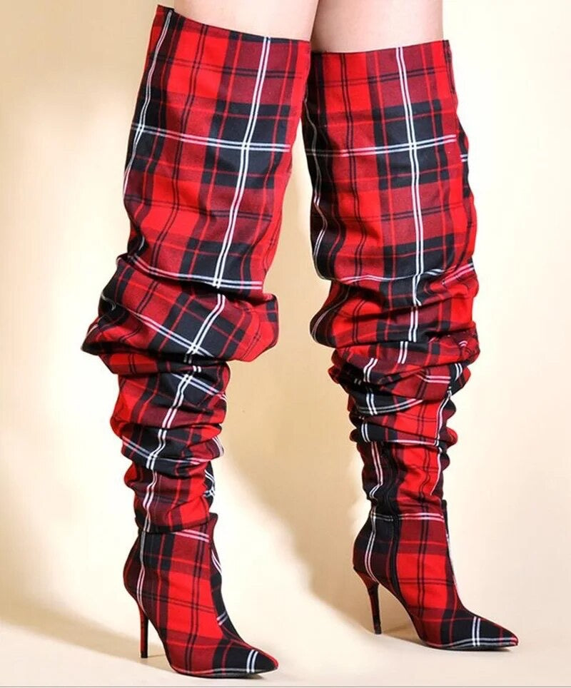 Checkered thigh sales high boots