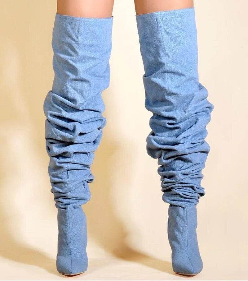 Pleated Thigh High High Heel Boots
