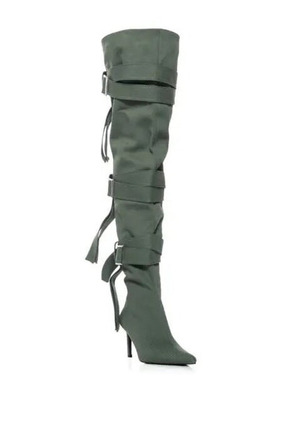 Over The Knee Thigh High Pointed Toe Buckle Strap Heel Stiletto Boots