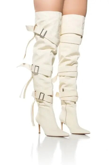 Over The Knee Thigh High Pointed Toe Buckle Strap Heel Stiletto Boots