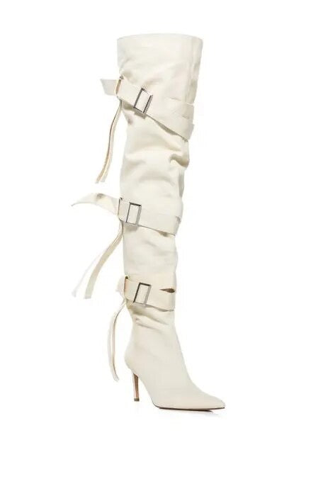 Over The Knee Thigh High Pointed Toe Buckle Strap Heel Stiletto Boots