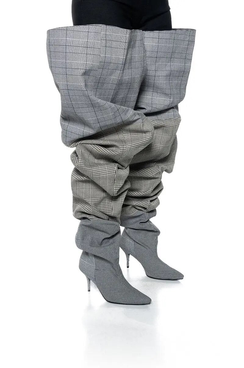 Pointed Toe Wide Calf Thigh Grid Stiletto Crotch High Over The Knee Heel Boots