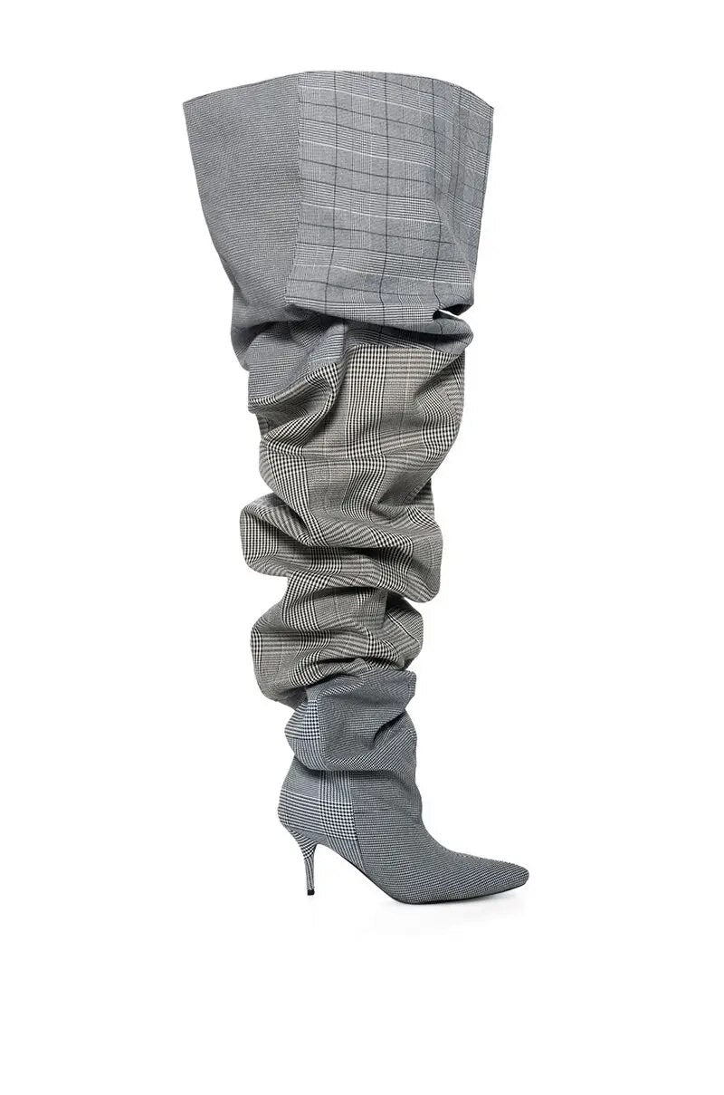 Pointed Toe Wide Calf Thigh Grid Stiletto Crotch High Over The Knee Heel Boots