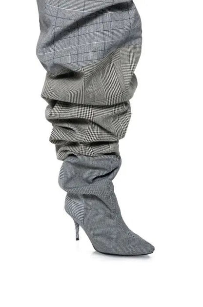 Pointed Toe Wide Calf Thigh Grid Stiletto Crotch High Over The Knee Heel Boots