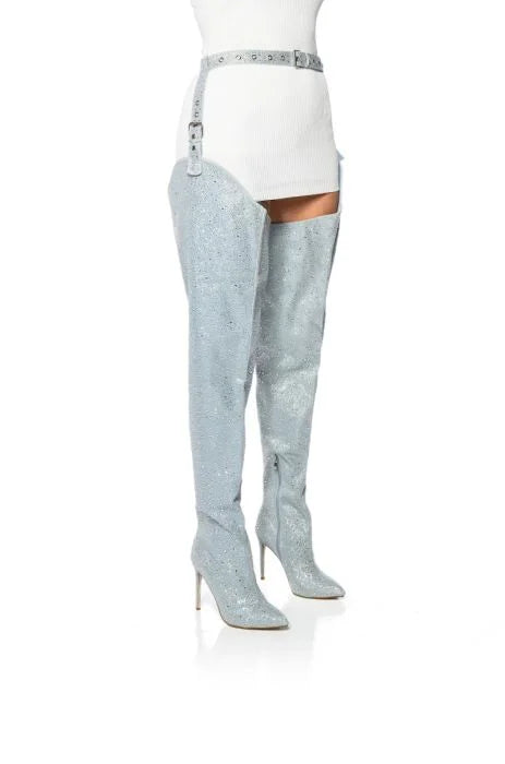 Silver Rhinestone Embellished Thigh High Boots Crystal High Heel Chap Pants Boots Pointy Over The Knee Boots