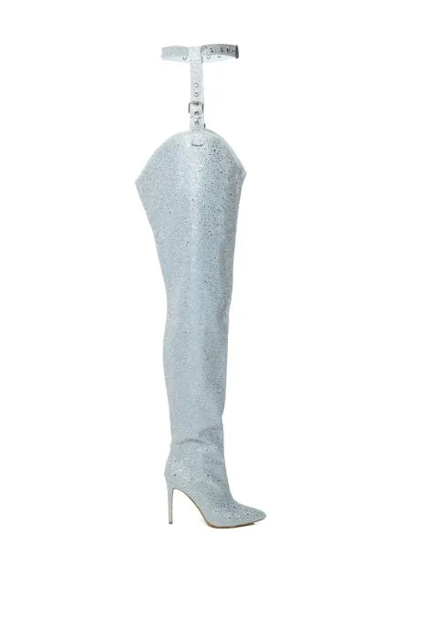 Silver Rhinestone Embellished Thigh High Boots Crystal High Heel Chap Pants Boots Pointy Over The Knee Boots