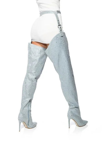 Silver Rhinestone Embellished Thigh High Boots Crystal High Heel Chap Pants Boots Pointy Over The Knee Boots