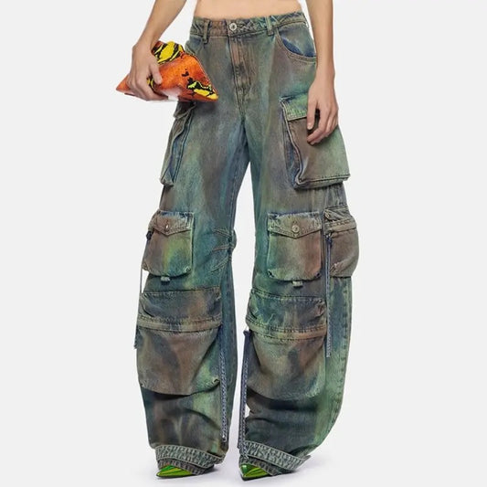 Washed Denim Cargo Pants Big Multi-pockets Straight Jeans