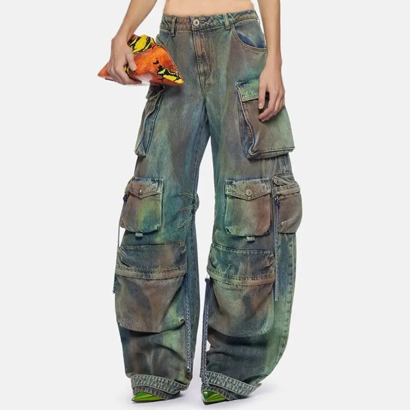 Washed Denim Cargo Pants Big Multi-pockets Straight Jeans